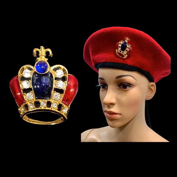 Vintage Jeweled Gold Crown Brooch Scarf Slide | Red Blue Rhinestones - Picture 1 of 7